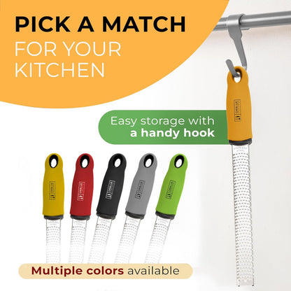 Orblue Lemon Zester & Cheese Grater - Premium Citrus Zester, Kitchen Grater for Parmesan, Chocolate, Fruits, Vegetables, Ginger, Garlic, Nutmeg - Stainless Steel Blades with Protective Cover, Black