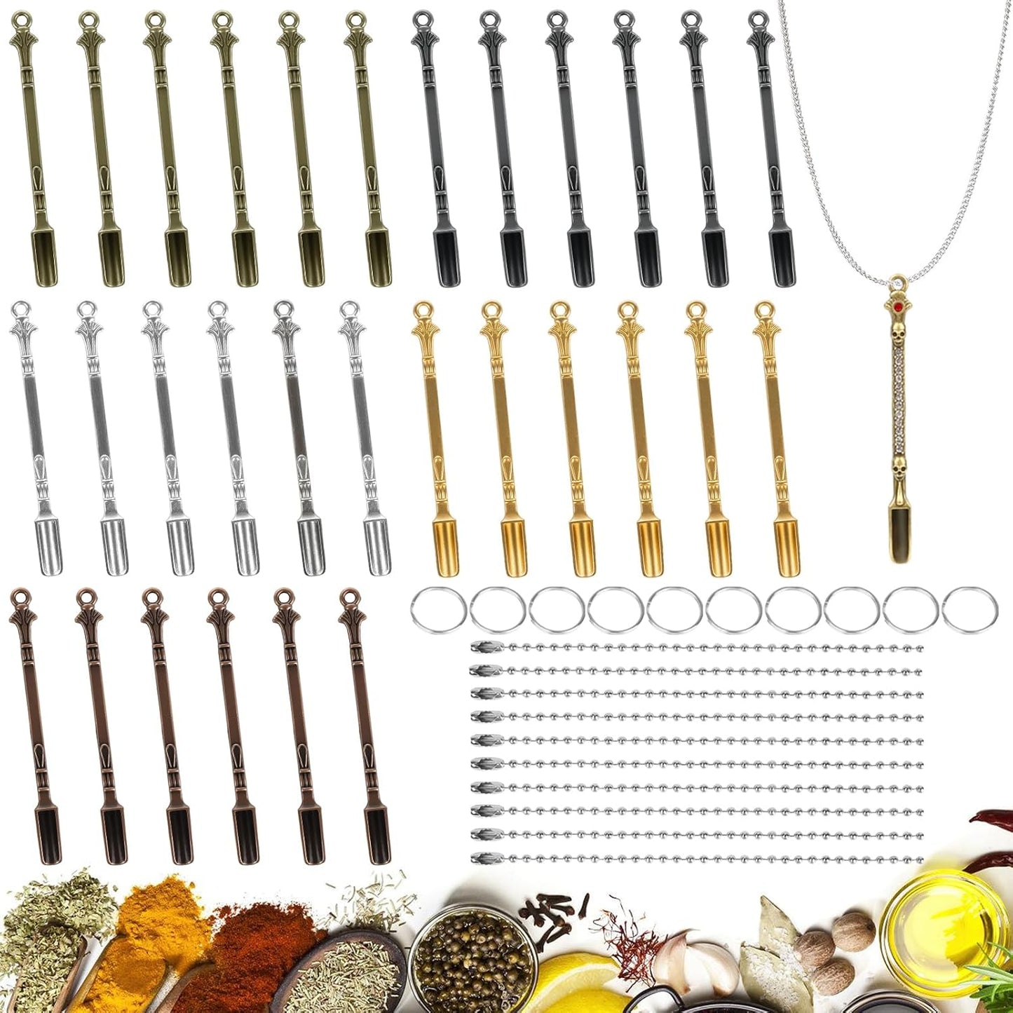 30 Pcs Mini Shovel Spoons with Storage Box, Rhinestone Tiny Spoons Keychains Necklace Set, Multicolor Metal Small Spoon for Measuring Pices,Herbs,Powder,Coffee,Sugar,Powder