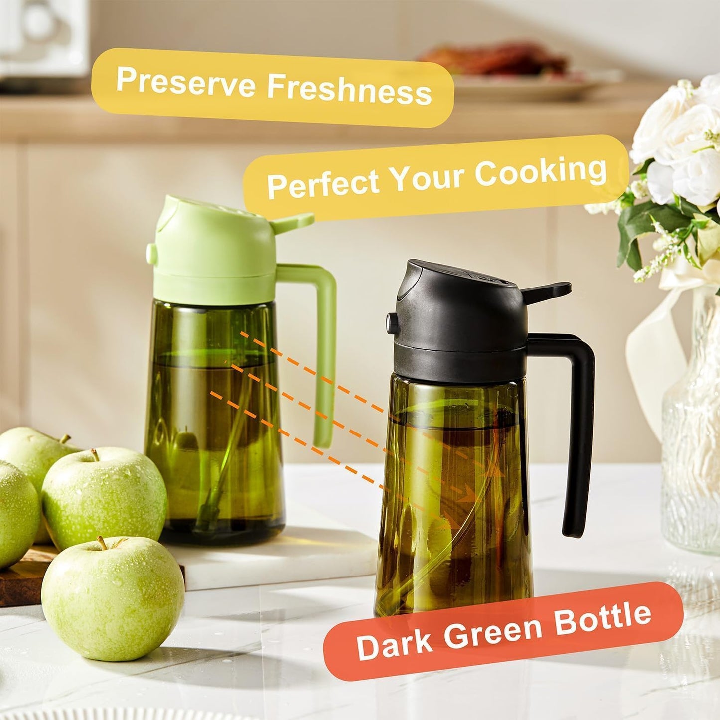 16oz/470ml Glass Olive Oil Sprayer for Cooking - 2 in 1 Olive Oil Dispenser for Kitchen Gadgets, Air Fryer, Salad, and BBQ (black)