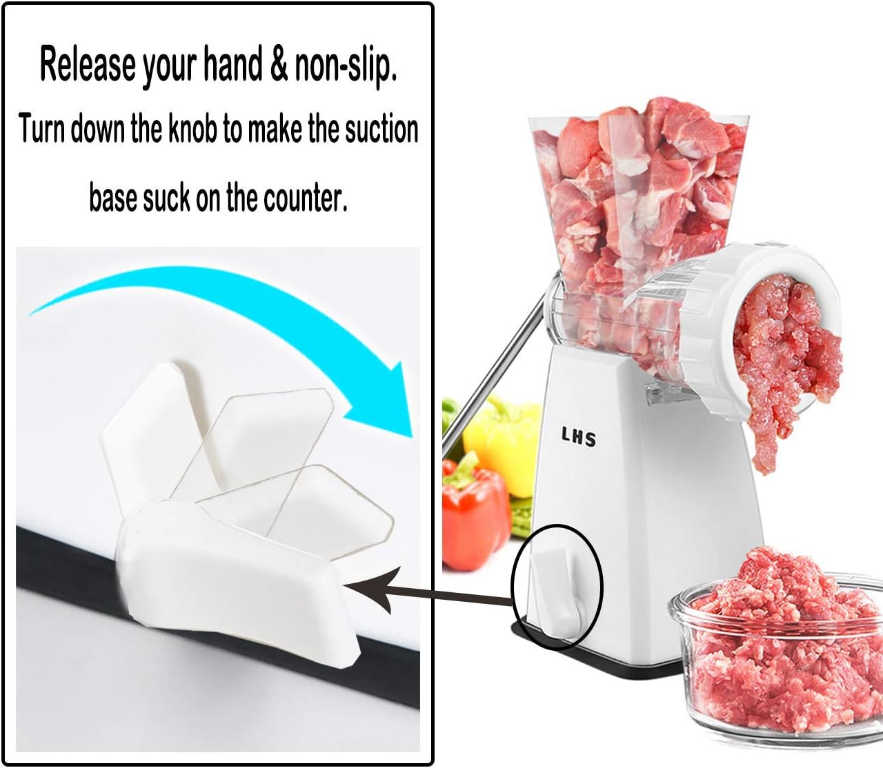 LHS Manual Meat Grinder with Stainless Steel Blades Heavy Duty Powerful Suction Base for Home Use Fast and Effortless for All Meats-White