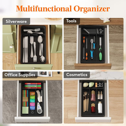 Lifewit Silverware Drawer Organizer Tray, Plastic Cutlery Storage for Kitchen, Flatware and Utensil Holder Divider for Spoons Forks Knives Tableware, 9.1 x 12.6", 5 Slots, Black