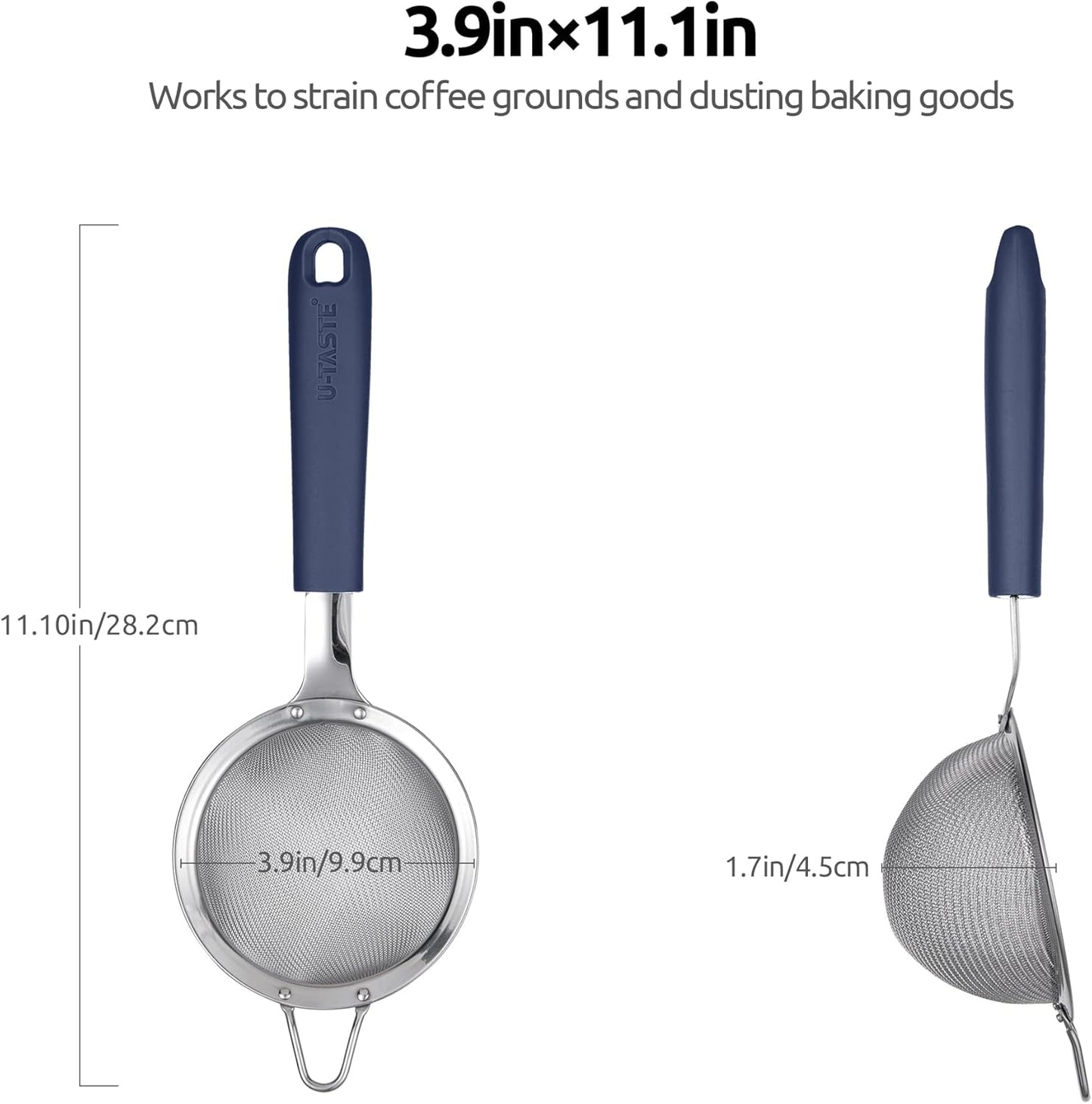 18/8 Stainless Steel Mesh Strainer: U-Taste 5.5 Inch Kitchen Fine Mesh Sieve Food Colander with Riveted Sturdy Silicone Handle and 30 Mesh Hole for Straining Flour, Pasta, Fruit, Quinoa(Aqua Sky)