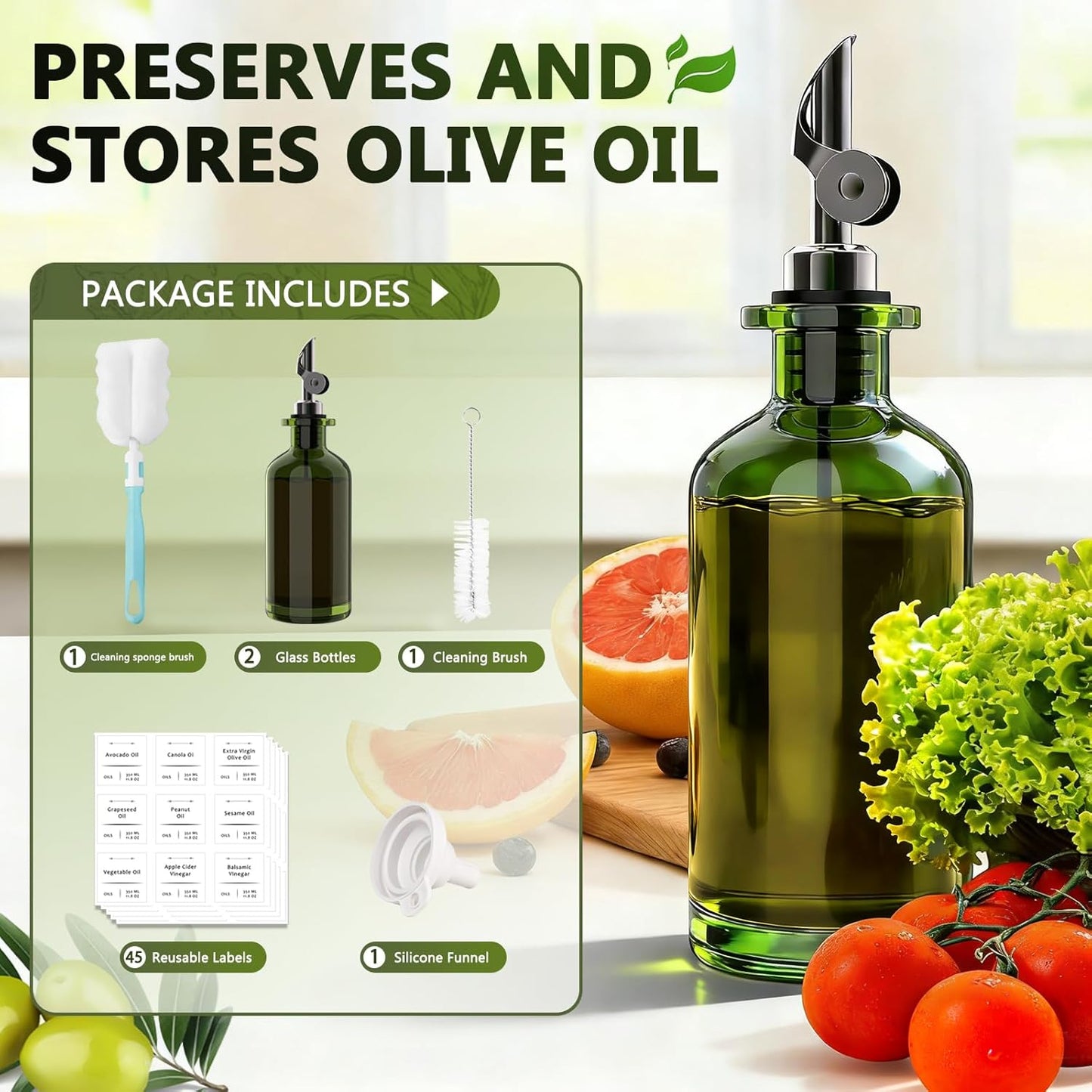 COOLMI Oil Dispenser for Kitchen - 12oz/350ml, Set of 2 Extra Thick Food Grade Glass Olive Oil Dispenser Bottle with Cleaning Brush, Stickers and Funnel (Gold)