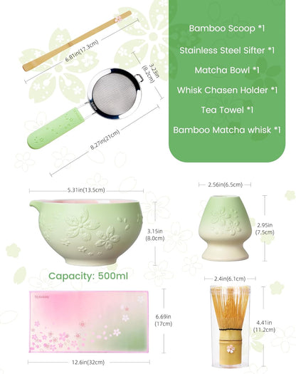 Matcha Whisk Set, 6pcs Matcha Kit Set Includes Matcha Bowl, Innovative Bamboo Whisk & Scoop with Cute Charm, Chasen Holder, 304 Sifter & Tea Mat for Japanese Tea Ceremony, Jade Green