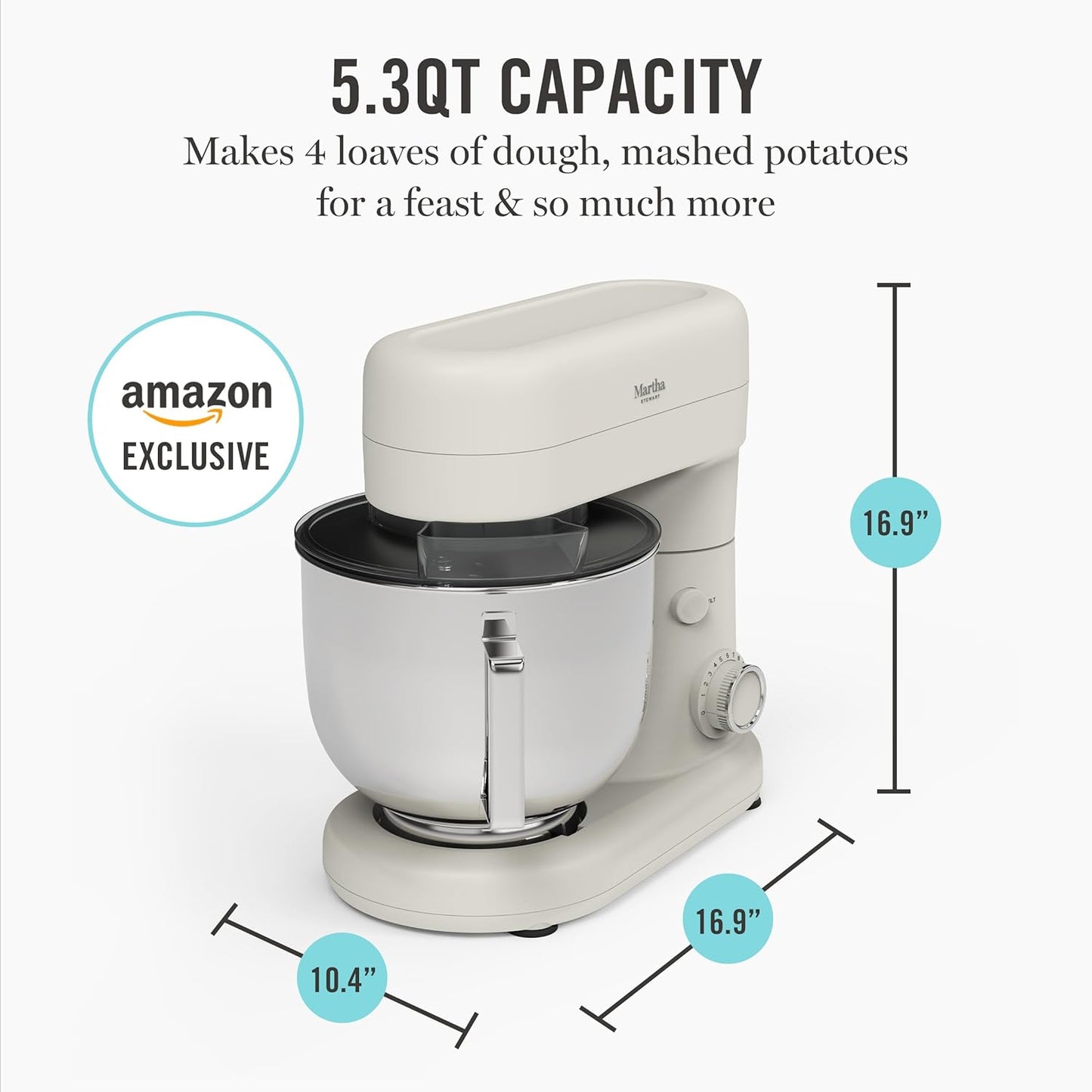 Martha Stewart Tilt-Head Stand Mixer, 12 Speed, 5.3QT Stainless Steel Bowl, Splash Guard with Pour Chute, Whisk, Dough Hook, Flat Beater, Electric Kitchen Baking Mixer, Bread, Cake, Whip, Sky Blue