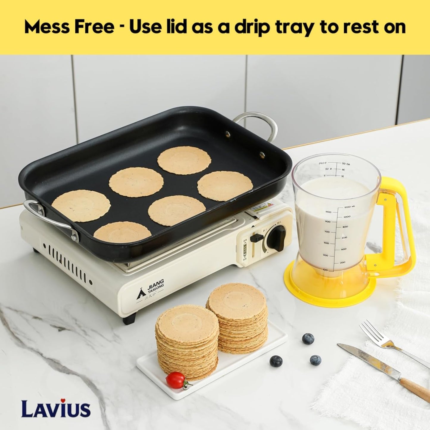 Pancake Batter Dispenser 5-Cup Batter Pourer for Maker Pancakes, Waffles, Crepes, Muffins, Cupcakes, Easy Squeeze Grip Handle with Proof Nozzle, Precise Baking Tools (Black)
