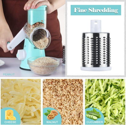 Ourokhome Rotary Cheese Grater Hand Crank, Kitchen Shredder Speed Mandolin Slicer Nut Grinder with Handle and Drum Blades for Cheese, Vegetable, Walnut, Chocolate, Potato, Carrot, 3 Blades, Dark Blue