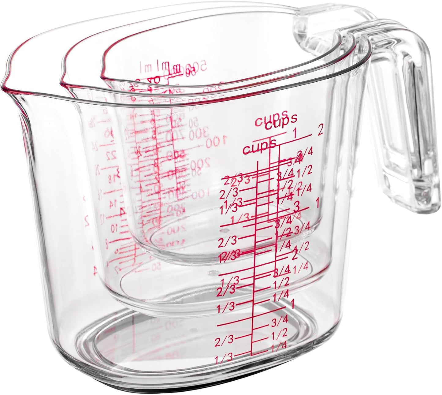 3-Piece Nesting Liquid Measuring Cups Set, Clear Plastic Measuring Jugs with Spout and Multiple Measurement Scales, 1 Cup, 2 Cup, 4 Cup for Baking and Cooking