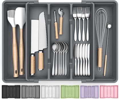 Large Silverware Organizer, Expandable Utensil Drawer Organizer for Kitchen Drawers, Kitchen Drawer Organizer for Spoons/Forks/Knives, Multipurpose & BPA Free Cutlery Tray, Black, 1 Pack