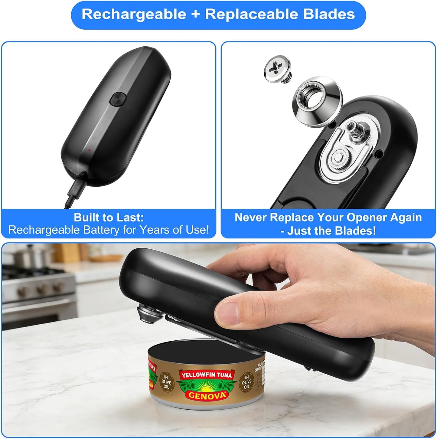 Electric Can Opener, Automatic Hands-Free Can Opener with Smooth Edge, One-Touch Operation USB Rechargeable, for Seniors, Arthritis Sufferers, Kitchen and Camping Use, Replaceable Blade (Black)