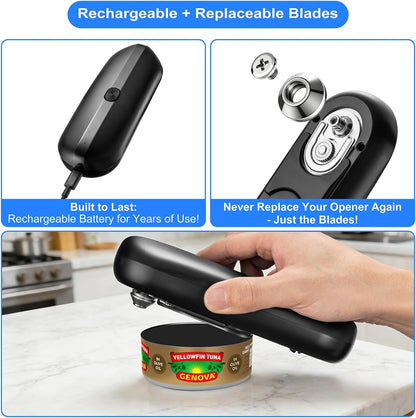 Electric Can Opener, Automatic Hands-Free Can Opener with Smooth Edge, One-Touch Operation USB Rechargeable, for Seniors, Arthritis Sufferers, Kitchen and Camping Use, Replaceable Blade (Black)