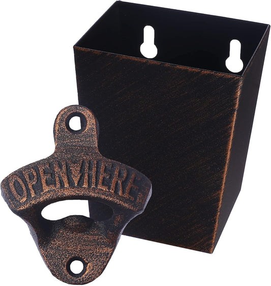 Satin Black Cast Iron Bottle Opener Wall Mounted with Bottle Cap Catcher Narrow