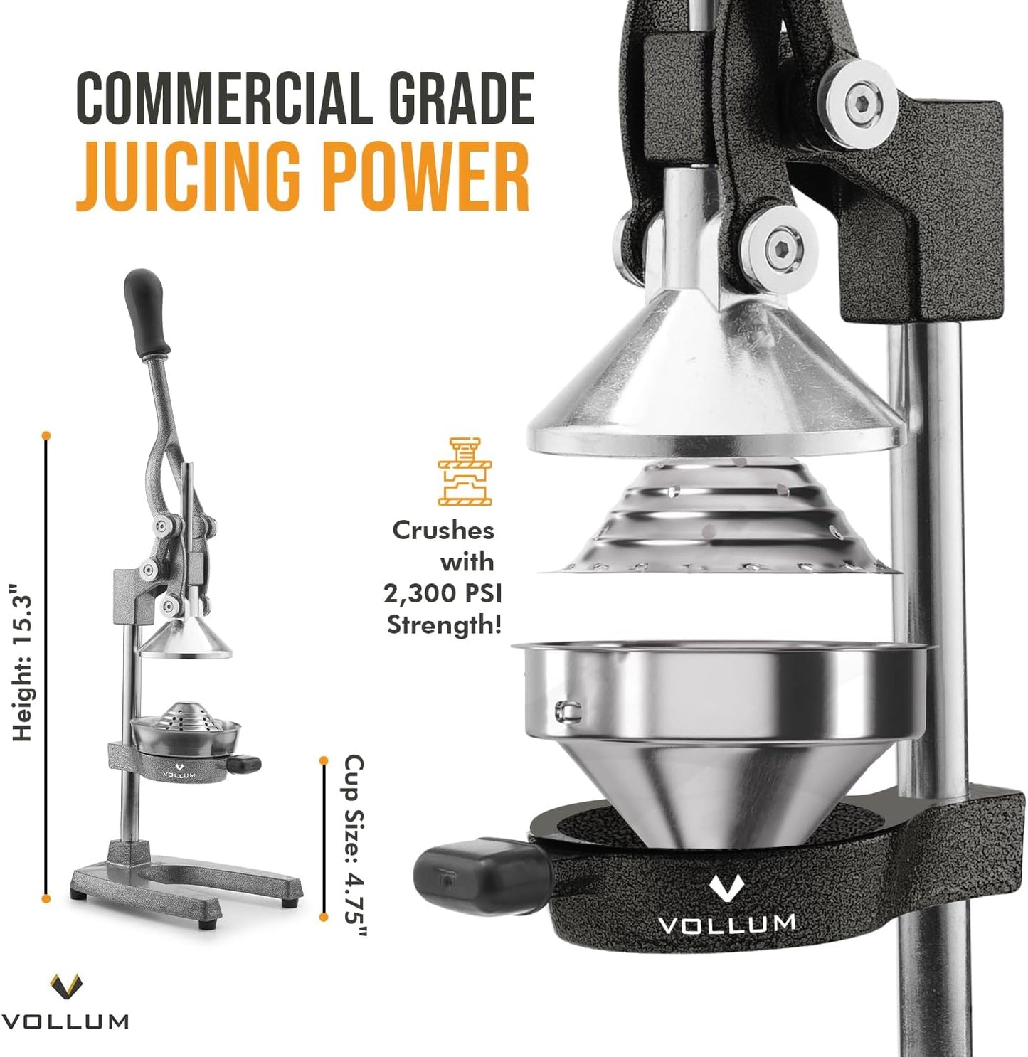 Vollum Hand Press Manual Citrus Juicer - citrus squeezer Commercial Grade Home Orange juice Squeezer for Oranges, Lemons, Limes - Stainless Steel and Cast Iron Non-skid Suction Cup Base- 15 Inch, Gray