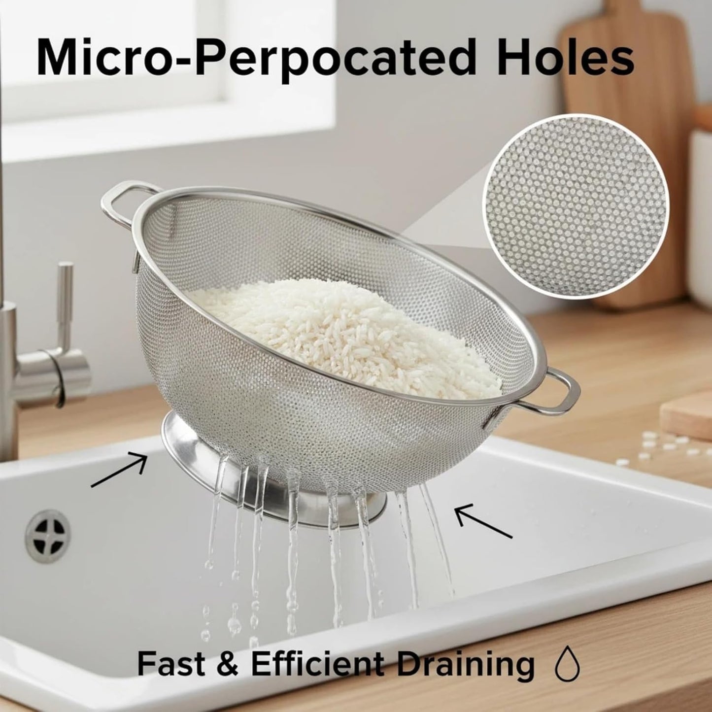 Stainless Steel Colander for Kitchen: Pasta & Vegetable Fruit Strainer Fine Mesh Colander with Dual Handles Non-Slip Base Large Strainer for Cooking