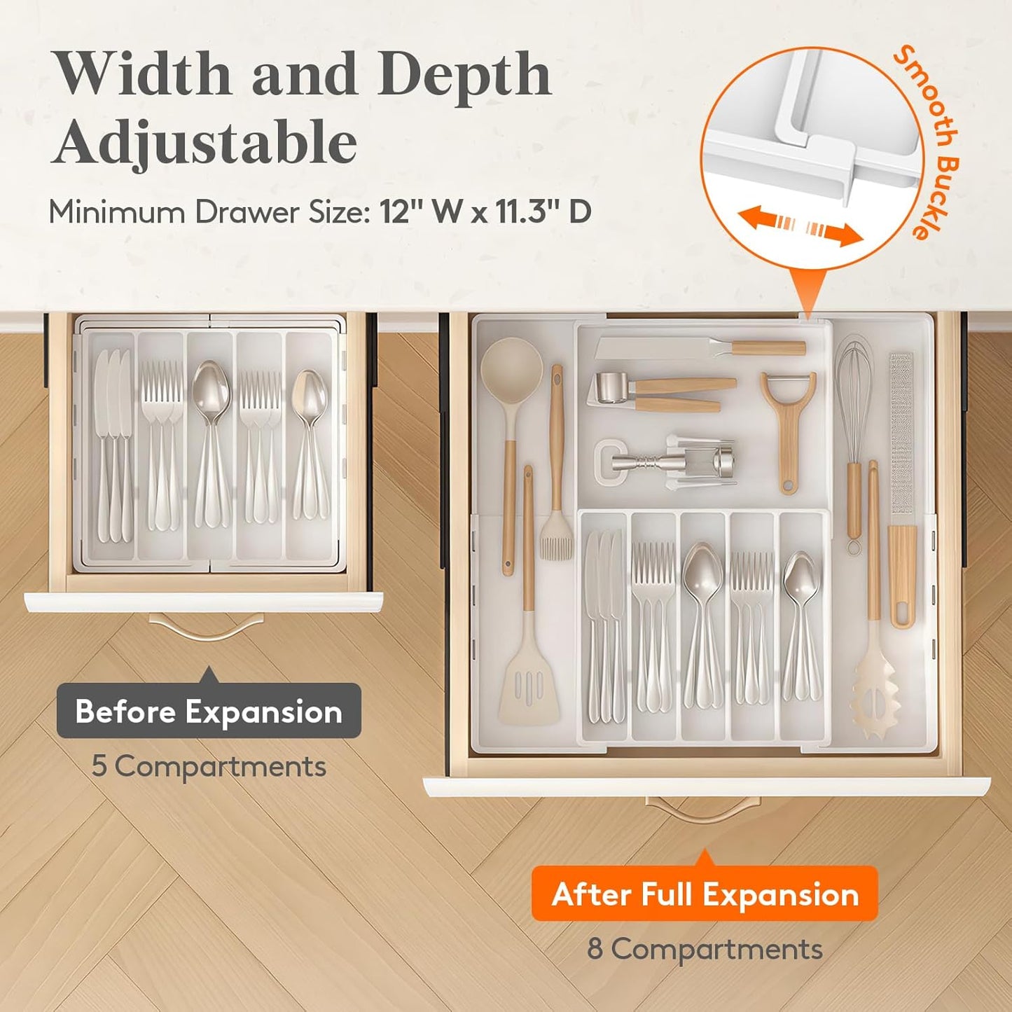 Lifewit Silverware Drawer Organizer, Expandable Utensil Tray for Kitchen, BPA Free Flatware and Cutlery Holder, Adjustable Plastic Storage for Spoons Forks Knives, 4-7 Slots, Black