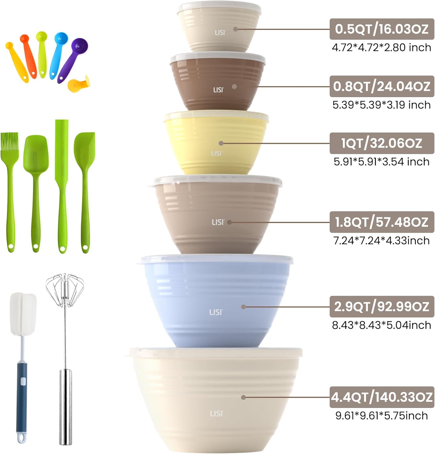 LISI 23Pcs Mixing Bowls Set with Lids, Airtight BPA-Free Nesting Bowls for Mixing, Baking, Cooking & Storage, Dishwasher Safe Serving Bowl, Includes Spatula, Spoons, Brush & Whisk
