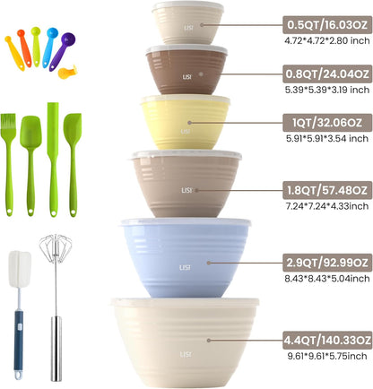 LISI 23Pcs Mixing Bowls Set with Lids, Airtight BPA-Free Nesting Bowls for Mixing, Baking, Cooking & Storage, Dishwasher Safe Serving Bowl, Includes Spatula, Spoons, Brush & Whisk