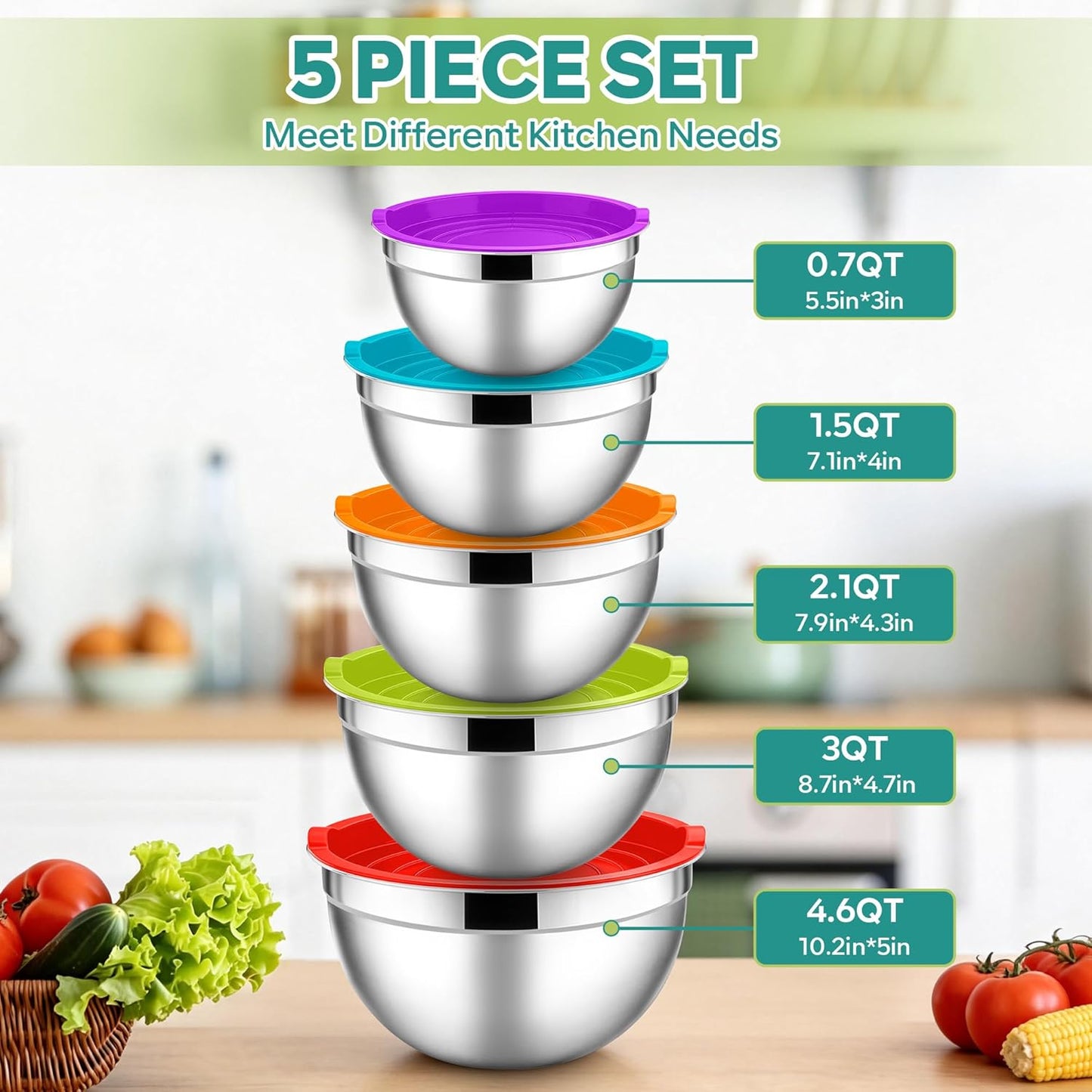 E-far Mixing Bowls with Lids, 6-Piece Stainless Steel Salad Bowls Metal Nesting Bowls for Baking Cooking and Prepping, Airtight Lids & Stackable Design, Size 4.5, 3, 1.5 QT (Black)