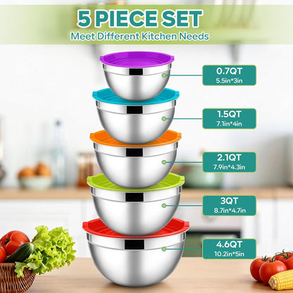 E-far Mixing Bowls with Lids, 6-Piece Stainless Steel Salad Bowls Metal Nesting Bowls for Baking Cooking and Prepping, Airtight Lids & Stackable Design, Size 4.5, 3, 1.5 QT (Black)