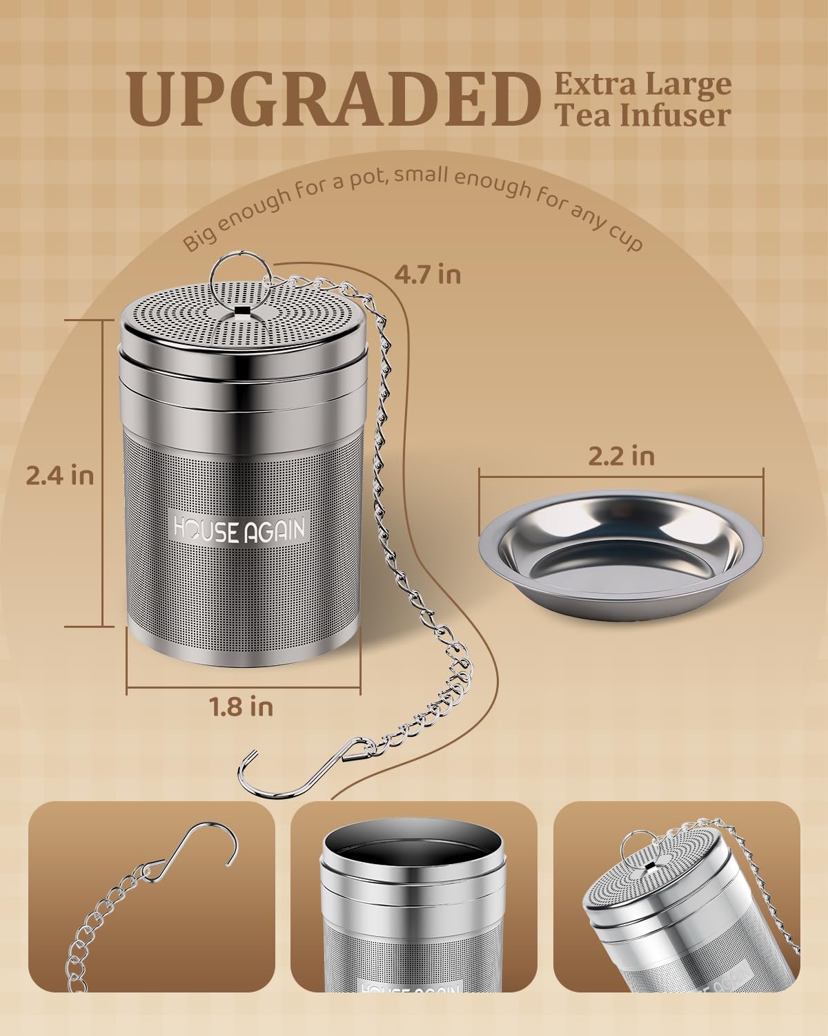 House Again Tea Infusers, Extra Fine Mesh Tea Strainers for Loose Tea, Updated Slim Threaded Lid & 304 Stainless Steel, Loose Leaf Tea Steeper for Brew Tea Spices & Seasonings