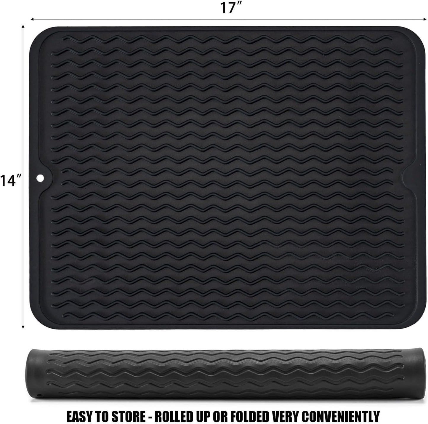 Large 17" x 14" Silicone Dish Drying Mat for Kitchen Counter, Easy clean, Quick Dry, Heat-resistant Dish Drainer Mat for Sink,Refrigerator or Drawer liner (Food Grade Silicone-Black)
