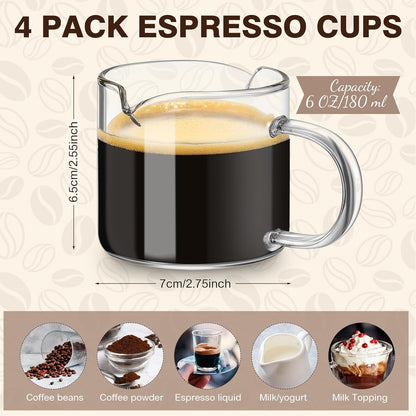 Patelai 2 Pcs 8oz Espresso Cups, Glass Measuring Cups with Double Spouts & Handle, Milk Frothed Cup Coffee Bars Accessories for Machine, Scale Glass Jars for Coffee, Water, Yogurt, Juice, Oil, 250ml