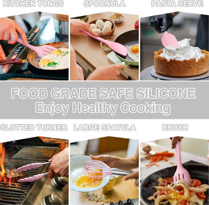 Umite Chef 22-Piece Silicone Cooking Utensils Set, Heat Resistant & Dishwasher Safe Kitchen Tools, Non-Scratch Spatula Set for Nonstick Cookware (Pink)