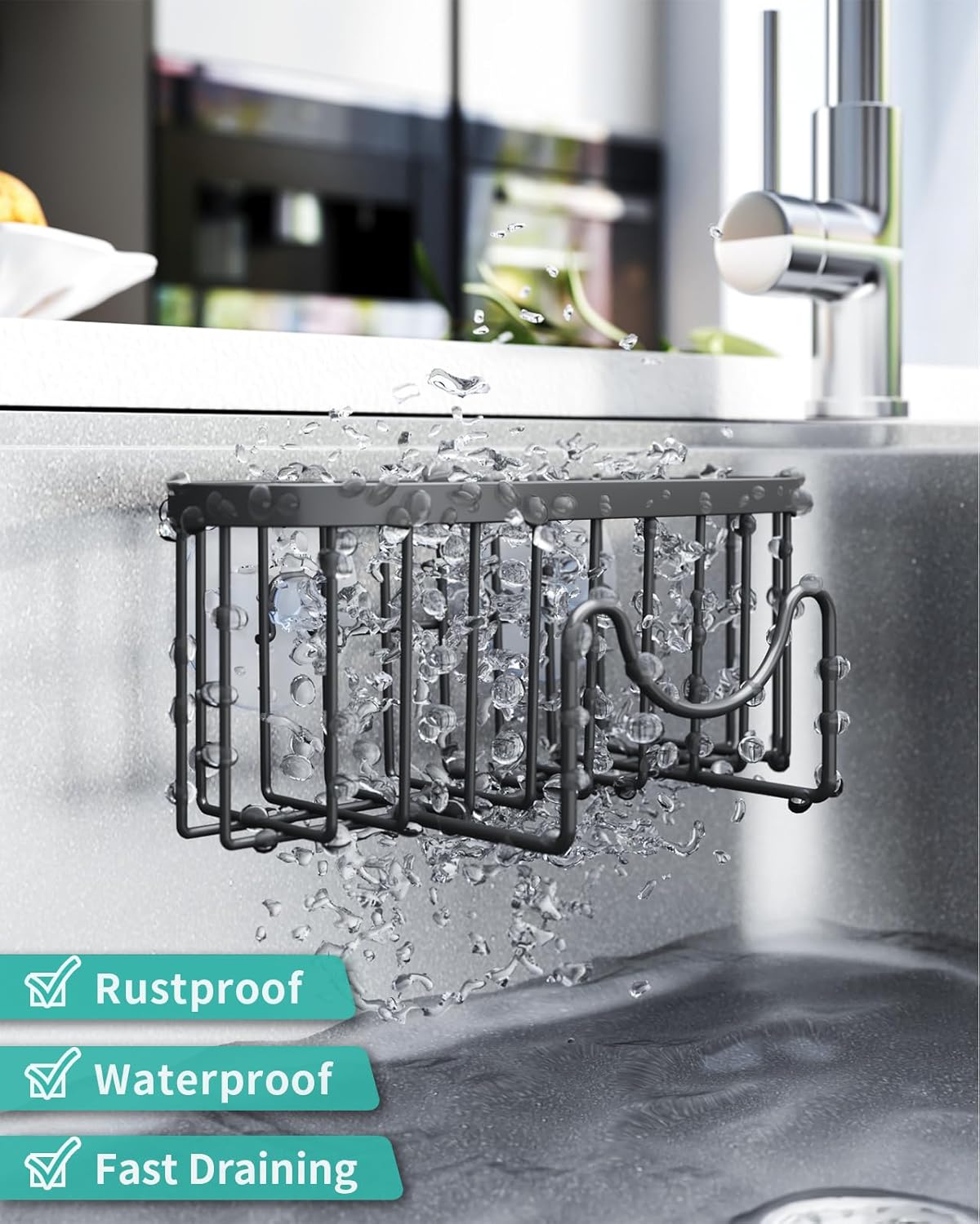 HapiRm Multifunctional Sponge Holder with Unique M-Shaped, 2 Installation Methods Kitchen Sink Caddy Organizer, Rustproof Stainless Steel Kitchen Organizers and Storage Essentials - Black