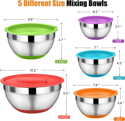 P&P CHEF Mixing Bowl with Lid Set, 5 Piece Stainless Steel Mixing Nesting Bowls for Salad Storage, 3 Grater Attachments & Non-Slip Bottoms, Size 1/1.5/2 / 2.6/4.6 QT, Multicolor