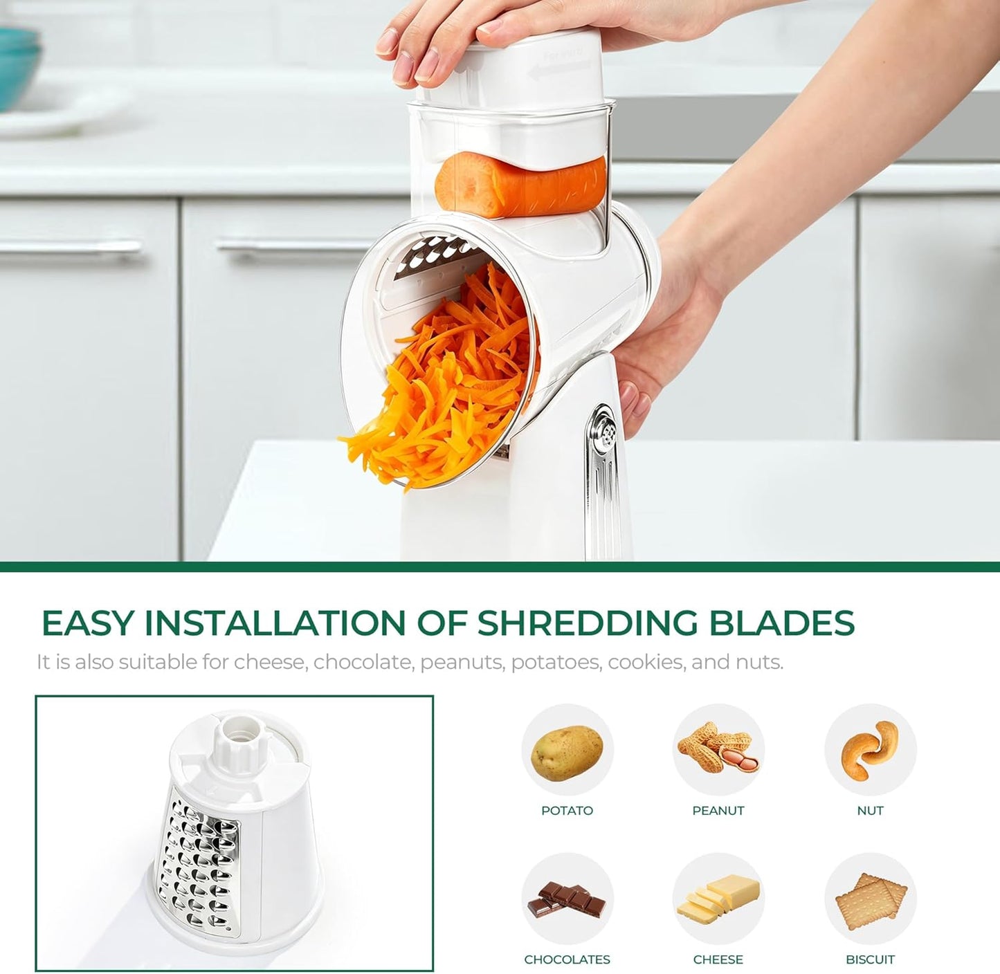 SUSTEAS Rotary Cheese Grater with Handle - Vegetable Shredder with 5 Well-designed Blades & Strong Suction Base,Round Mandoline Slicer & Food Chopper for Kitchen,with Blade Storage Box(Beige)