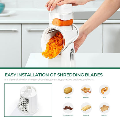 SUSTEAS Rotary Cheese Grater with Handle - Vegetable Shredder with 5 Well-designed Blades & Strong Suction Base,Round Mandoline Slicer & Food Chopper for Kitchen,with Blade Storage Box(Beige)