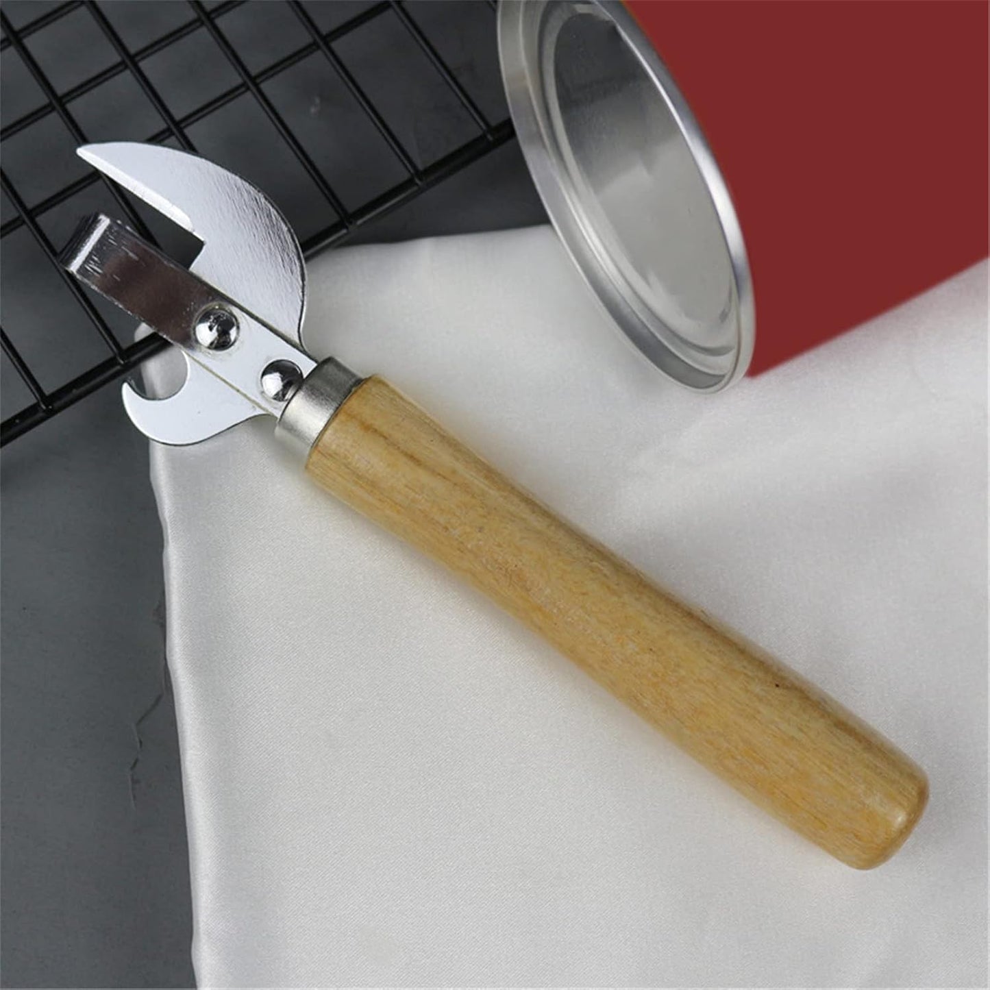 Manual Can Opener with Wooden Handle Stainless Steel Convenient and Durable Manual Opener for Beer Bottle Household Kitchen Gadget Silver