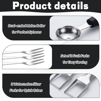 Watermelon Slicer Cutter, 6-Piece Fruit Serving Utensils for Kitchen, Watermelon Slicer with Melon Baller Scoop and Fruit Forks, Easy to Use and Clean