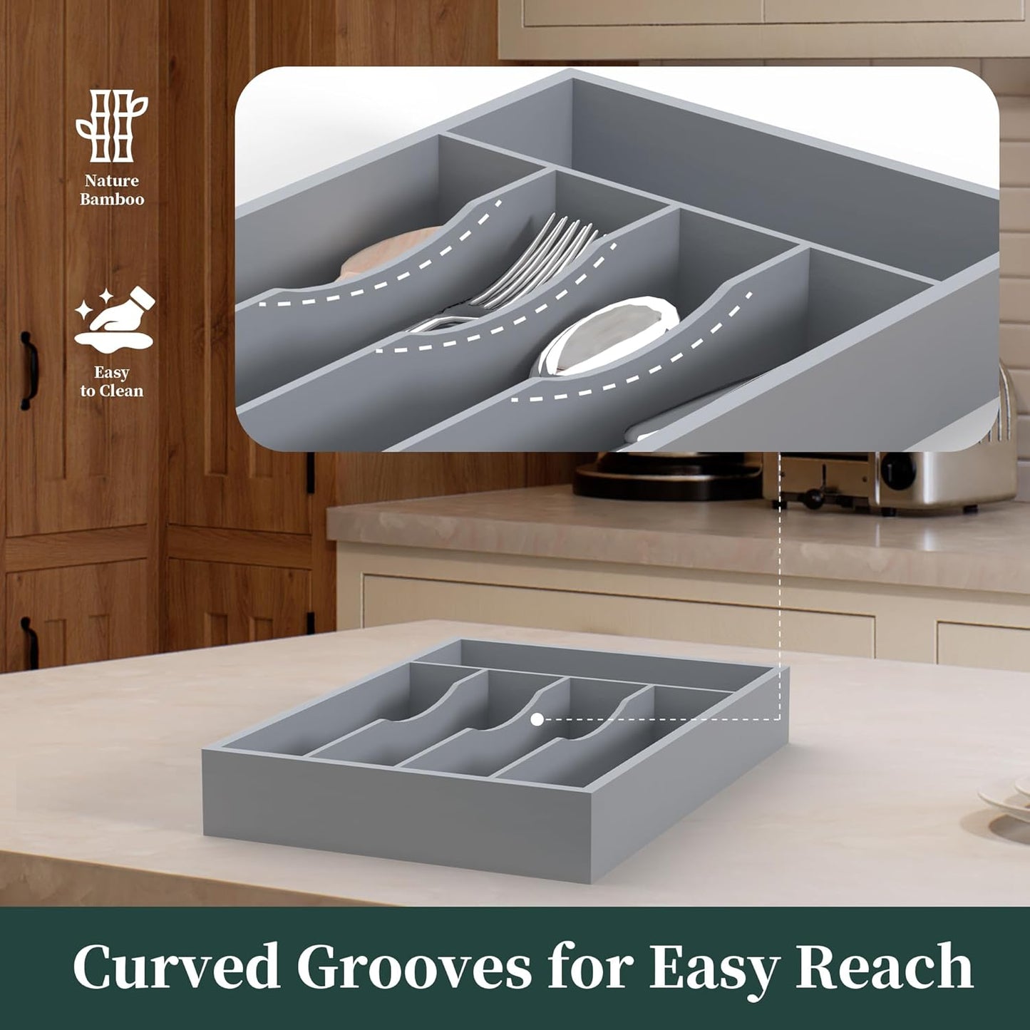 Bamboo Silverware Organizer, Kitchen Drawer Organizer, Utensil Holder, Cutlery Tray & Spoon Flatware Storage with Grooved Drawer Dividers (9.5''W x 13.5''D)