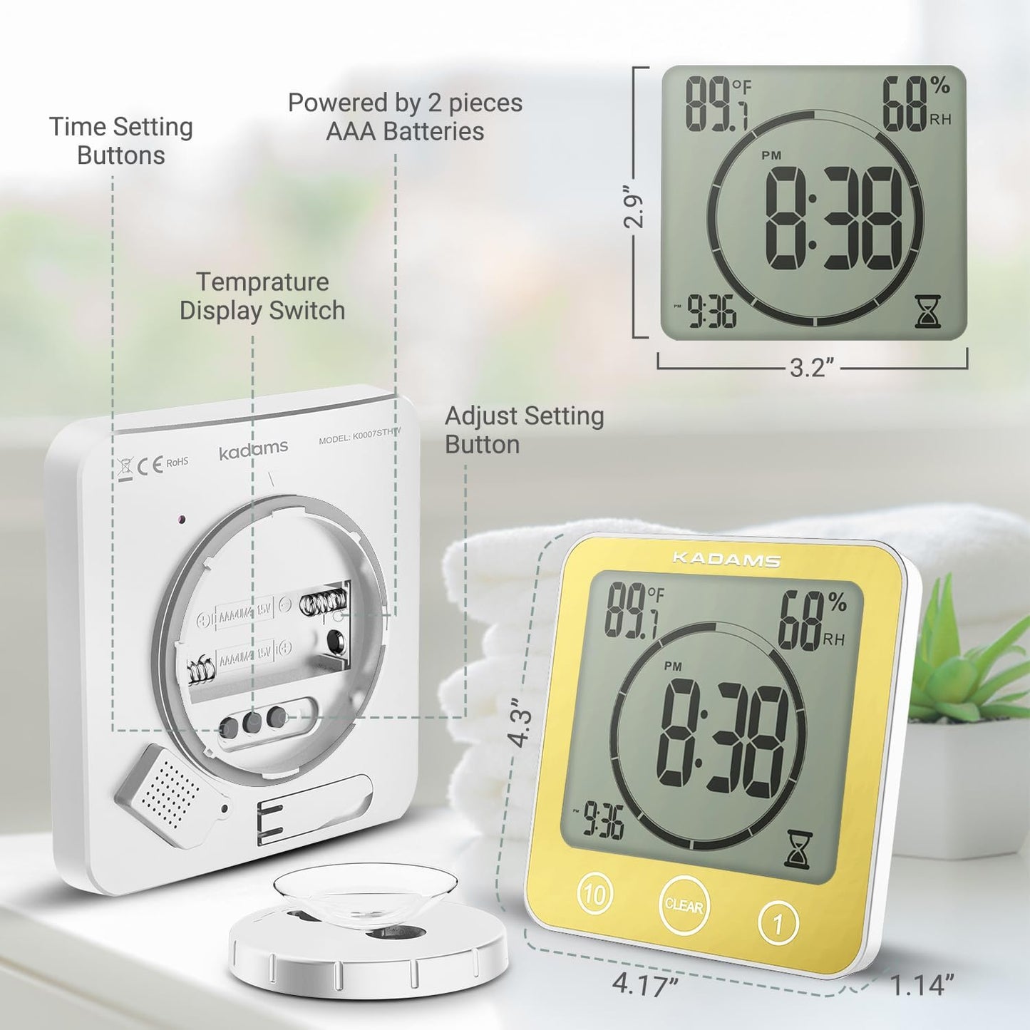KADAMS Shower Clock Waterproof Bathroom Timer – Digital Wall Clock with Countdown, Magnetic Kitchen Clock with Temperature & Humidity, Suction Cup for Kids Shower Spa Cook Bath (Black)