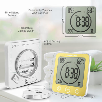 KADAMS Shower Clock Waterproof Bathroom Timer – Digital Wall Clock with Countdown, Magnetic Kitchen Clock with Temperature & Humidity, Suction Cup for Kids Shower Spa Cook Bath (Black)