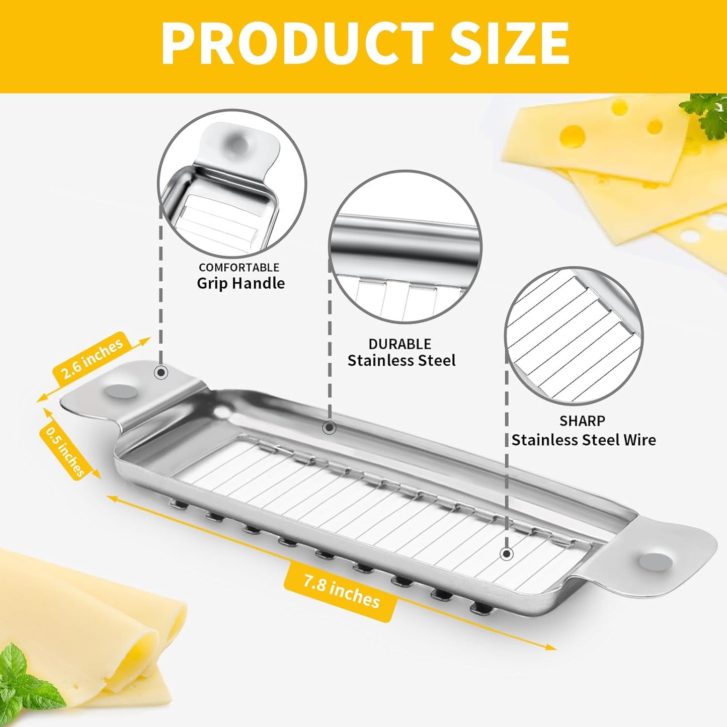 ENLOY Stainless Steel Butter & Cheese Slicer - Multipurpose Food Cutter With Ergonomic Handle for Block Cheese - 1/4 Inch Slices on Average - Dishwasher Safe
