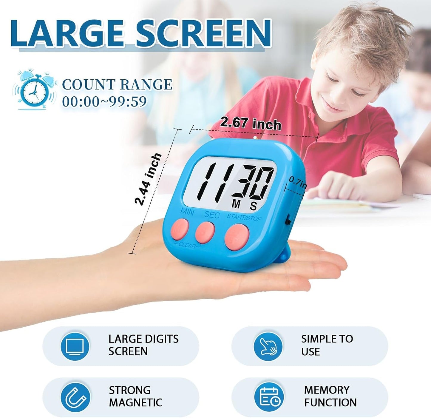 12 Pack Digital Kitchen Timers for Cooking, Loud Alarm Large LCD Display Magnetic Classroom Timers for Teachers Kids, Extensively Use in Classroom, Cooking, Meeting, Gym