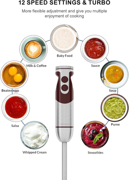MegaWise 5-in-1 Hand Blender, Powerful Immersion Stick Blender with Titanium Reinforced Blades, 12-Speed Control, Includes Chopper, Beaker, Whisk & Frother for Smoothies & Baby Food