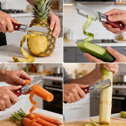 Multifunctional Vegetable Peeler, 3 in 1 Julienne Peeler with Wooden Handle, Vegetable Shredder with Bottle Opener Kitchen Tool for Peeling Veggie Fruit Pineapple Pumpkin Papaya Carrrot(2 Pack)