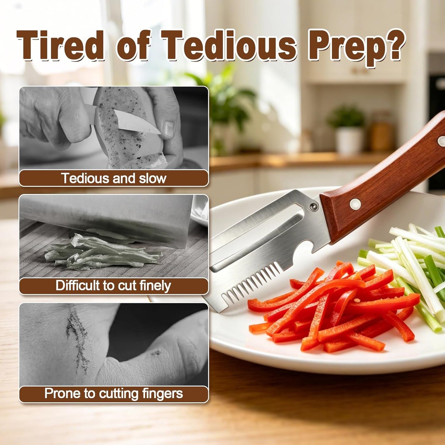 Vegetable Peeler with Wooden Handle, 3-in-1 Multifunctional Peelers for Kitchen - Scallion Shredder, Julienne Slicer & Bottle Opener, Stainless Steel Blade, Potato Carrot Fruit（2 Pack）