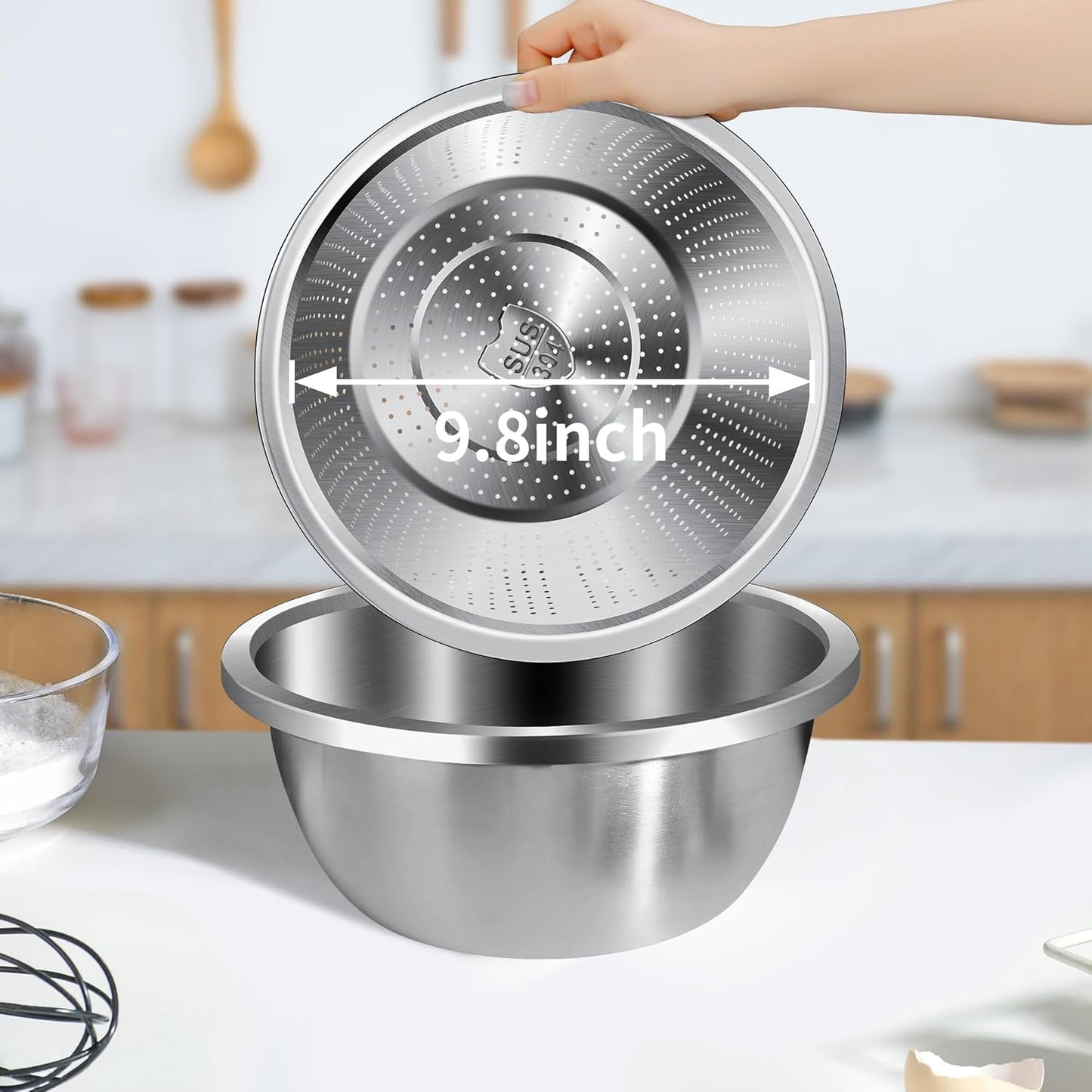 Colander 304 Stainless Steel 3-quart with Mixing Bowls, Strainer for Kitchen Food For washing vegetables, fruit, rice, Dishwasher Safe. (2PC)