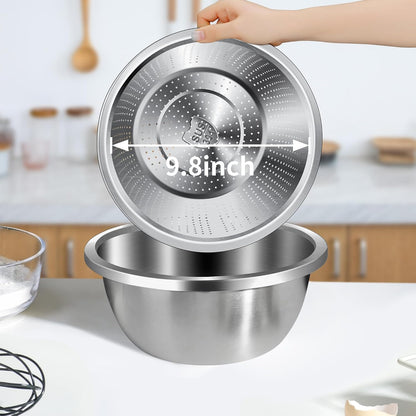 Colander 304 Stainless Steel 3-quart with Mixing Bowls, Strainer for Kitchen Food For washing vegetables, fruit, rice, Dishwasher Safe. (2PC)