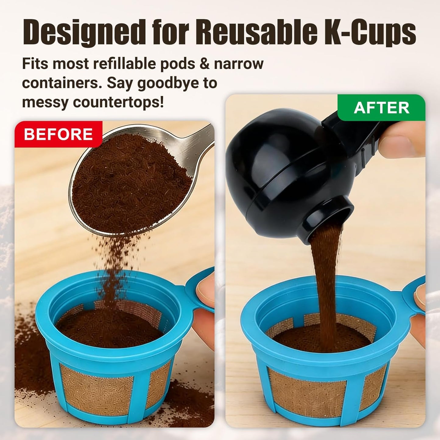 CARGEN 2 Pack Coffee Scoop and Funnel for Reusable, 2TBSP Coffee Sliding Spoon Funnel with Spill-Free Design Measuring Spoon Funnel for Ground Coffee Protein Powder and Tea(Black and Blue)