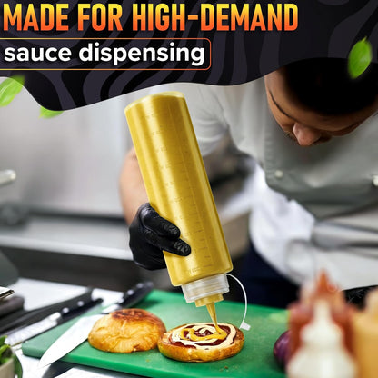 Set of 6 Inverted Condiment Squeeze Bottles 16 oz – Upgraded Design with Added Sealing Gaskets, Self-Closing Valve, Easy-to-Fill Clear Bottles for Sauces, Dressings, Ketchup, Mustard for Everyday Use