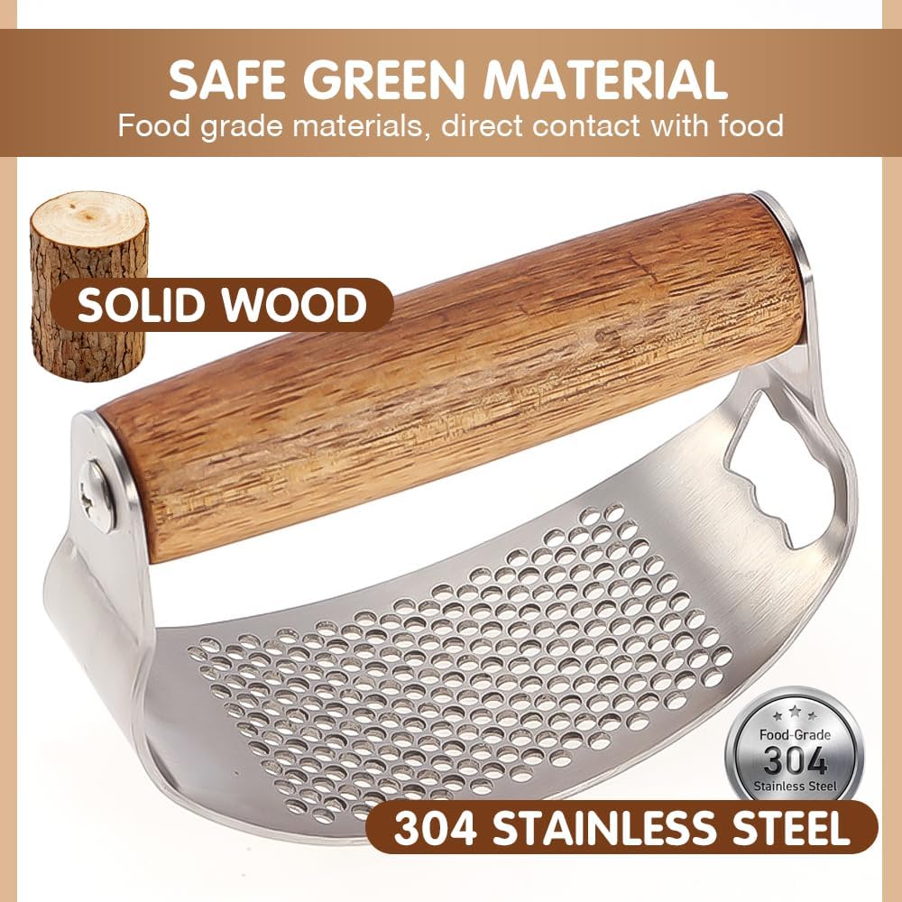 Stainless Steel Garlic Presser & Bottle Opener, Wooden Handle Garlic Press Rocker, Garlic Mincer Tool Garlic Chopper Hand Garlic Grinder, Hand Press Garlic Dicer Garlic Crusher (1 Pack)