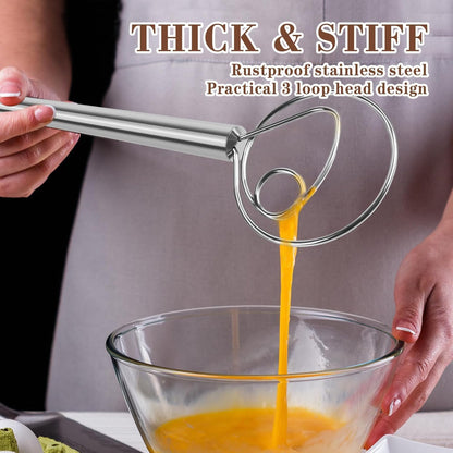 Danish Dough Whisk Stainless Steel Dough Hook Dutch Whisk for Sourdough Bread Dough Mixer Hand Wooden Handle Kitchen Whisking Mixing Tool Bread Making Tools and Supplies (3 Pack Black)