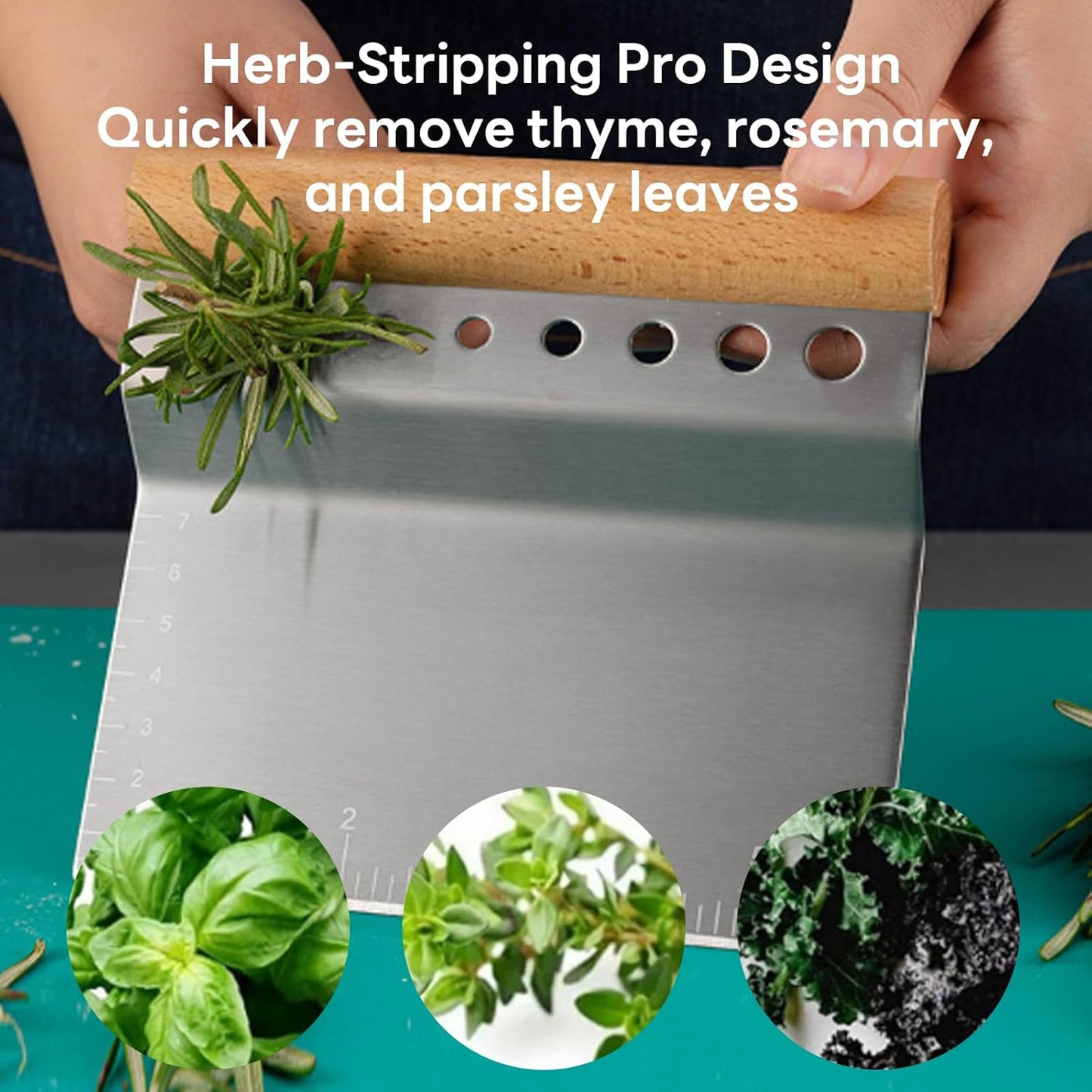 Bench Scraper Kitchen Herb Stripper,Dough Scraper Cutter,Food Scraper Tool Kitchen Stainless Steel with Measurement Markings