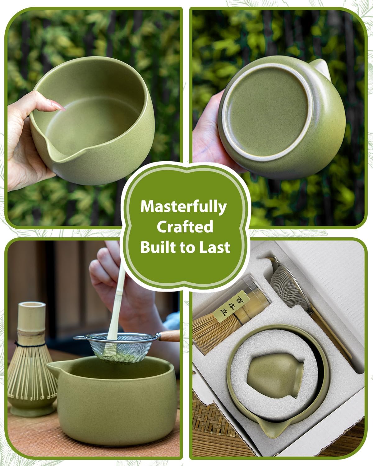 Matcha Whisk Set - 5PCS Matcha Set Includes 17OZ Chawan with Spout, Bamboo Chasen Whisk with Ceramic Holder, Matcha Scoop and Stainless Sifter, Matcha Kit for Ceremony, Gift for Matcha Lovers