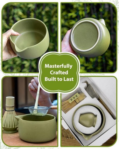 Matcha Whisk Set - 5PCS Matcha Set Includes 17OZ Chawan with Spout, Bamboo Chasen Whisk with Ceramic Holder, Matcha Scoop and Stainless Sifter, Matcha Kit for Ceremony, Gift for Matcha Lovers